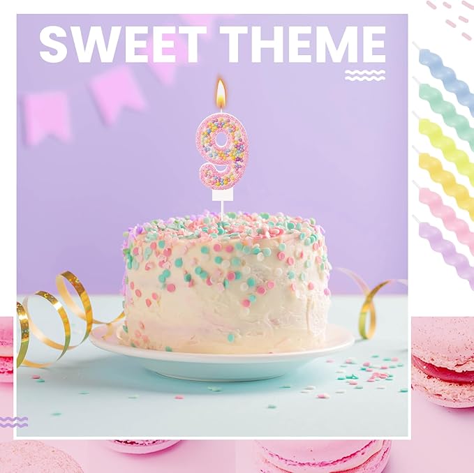 MTLEE Number 9 Birthday Candle with 12 Pcs Spiral Candles for Girls Macaron Pastel Rainbow Unicorn Pink Cake Topper for Sweet Theme Party Decoration