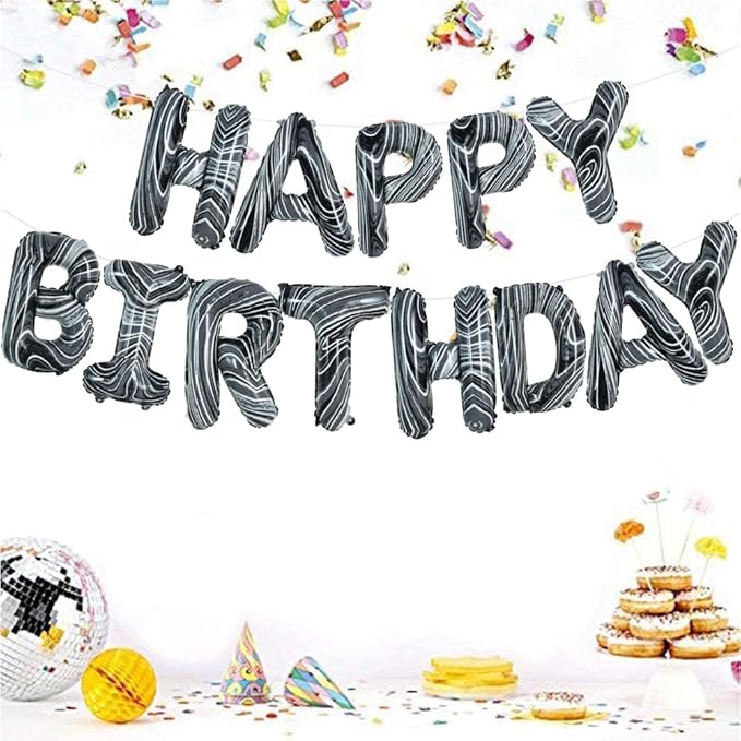 TONIFUL Black Marble Happy Birthday Balloons Banner,16 Inch Mylar Foil Letters Birthday Sign Bunting for Girls Boys Kids & Adults Birthday Decorations and Party Supplies