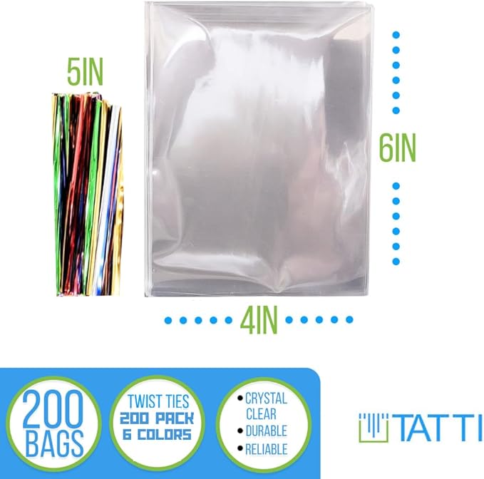 200 Pack Clear Cellophane Bags for Favors - Transparent Goodie for Birthday Party, 4x6 Inch with 5-Inch Twist Ties - Candy, Treat for Gift Giving