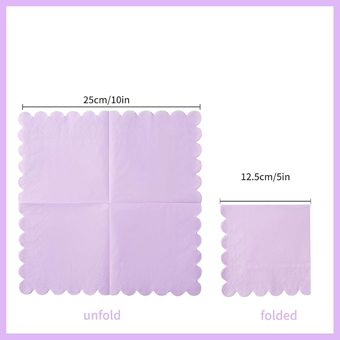 100 Pack Cocktail Napkin 2-Ply Scalloped Edged Dessert Napkins Folded 5 x 5 Inches Disposable Napkins for Dinner Wedding Birthday Party Bridal Anniversary Reception Event (Purple)