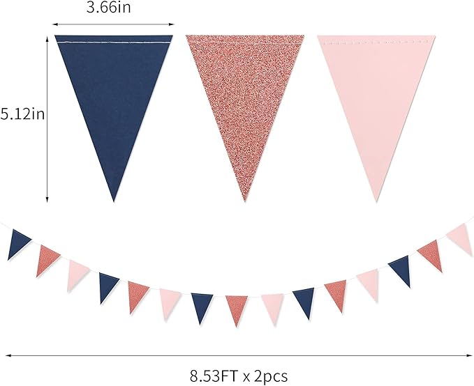Navy-Blue Pink Rose-Gold Gender-Reveal Banner - 2 Pack Glitter Sprinkles Party Decorations Paper Pennant Triangle Flags, Bachelorette Engagement Wedding Birthday Baby Shower Bunting Lasting Surprise