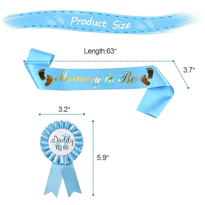 HUKONHEP 2 Packs Blue Baby Shower Sash, Mommy to Be Sash and Daddy to Be Badge, Baby Shower Decorations for Boys, Gender Reveals Gift