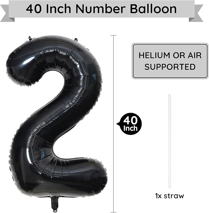 40 Inch Black Number Balloon 2, Large Number Foil Balloons Mylar for Girl Boy Birthday Party Celebration Decorations Supplies, Digital Balloons for Wedding Anniversary Events Decorations