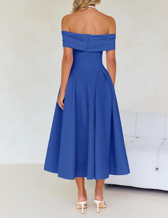 ZESICA Summer 2026 Cocktail Dresses for Women's Off Shoulder Short Sleeve Swing A Line Wedding Evening Party Midi Dress