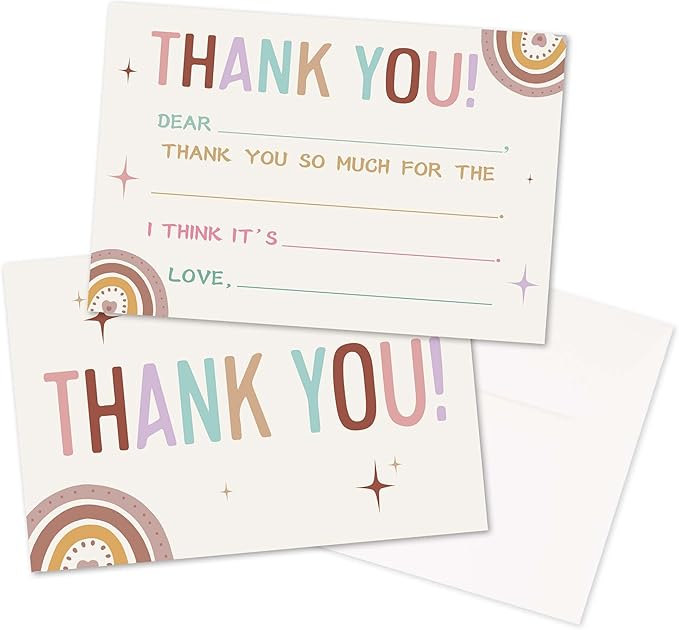 Kids Thank You Cards Fill in the Blank, Boho Rainbow Thank You Notes For Boys Girls, Rainbow Greeting Card, Birthday Party Decorations Favors (20 Cards With 20 Envelopes) -32