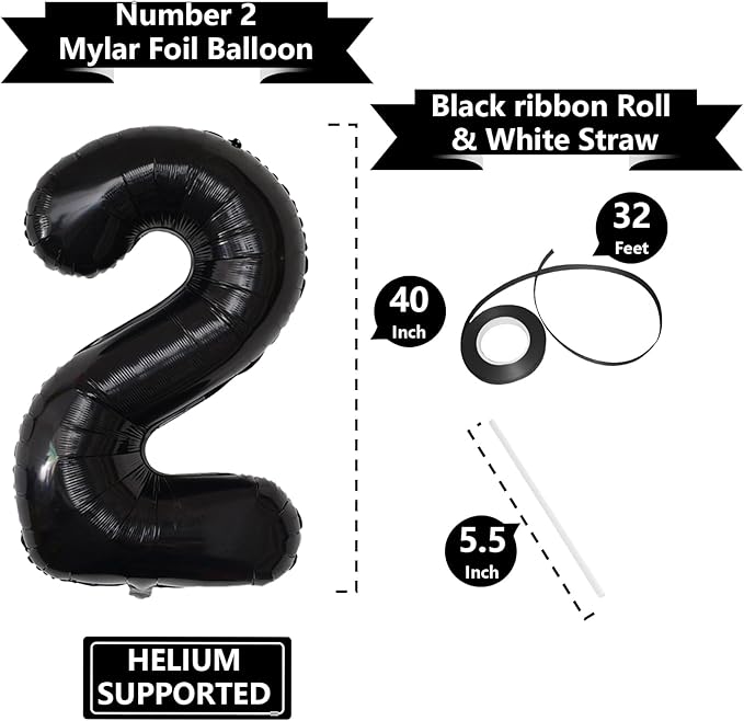 Number Balloons Black Party Balloon - Giant Number 2 Balloon, 40 Inch Large Balloon for Birthday Decorations, Black Party Supplies for Men Women