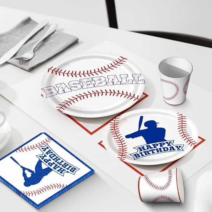 120pcs Baseball Party Supplies Birthday Plates Napkins Cups Red Forks Sports Birthday Party Decorations Paper Dessert Tableware Set for 24 Guests