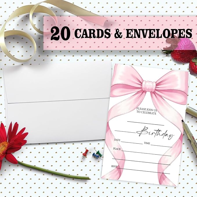 Pink Bow Birthday Invitation Cards For Girls Adult Teens, Birthday Party Supplies Favors, 20 Fill-In Invitation Cards with Envelopes -25