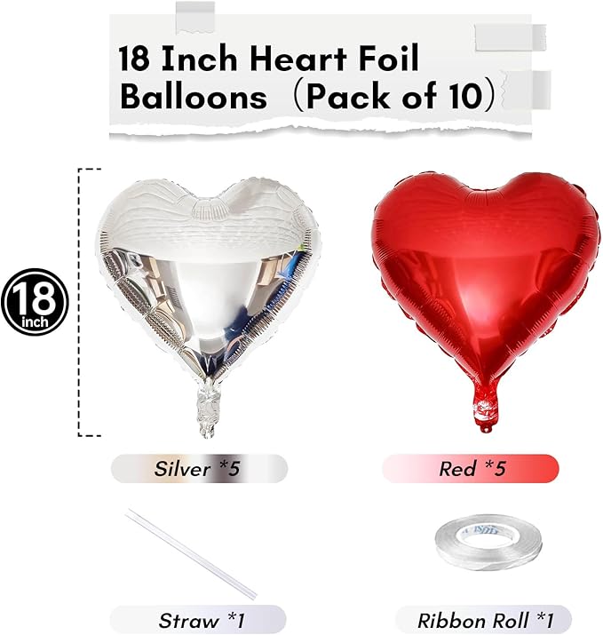 Red Silver Heart Balloons, 18 Inch Red and Silver Heart Shape Foil Balloons for Valentines Day Birthday Wedding Baby Shower Party Decorations Pack of 10