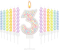 MTLEE Number 3 Birthday Candle with 12 Pcs Spiral Candles for Girls Macaron Pastel Rainbow Unicorn Pink Cake Topper for Sweet Theme Party Decoration