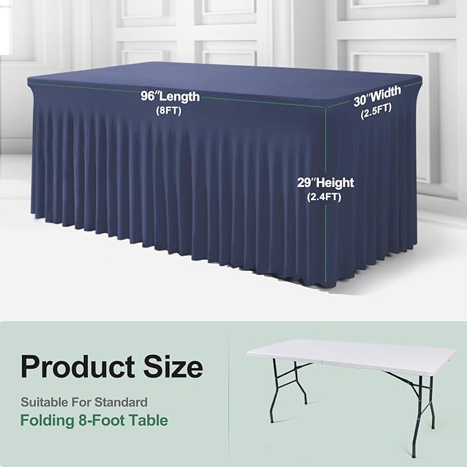 Table Skirts for Rectangle Tables 8ft - 2 Pack One-Piece Navy Blue Tablecloths and Skirt, Wrinkle Resistant Ruffles Elastic Cover for Banquets, Weddings, Events, Parties