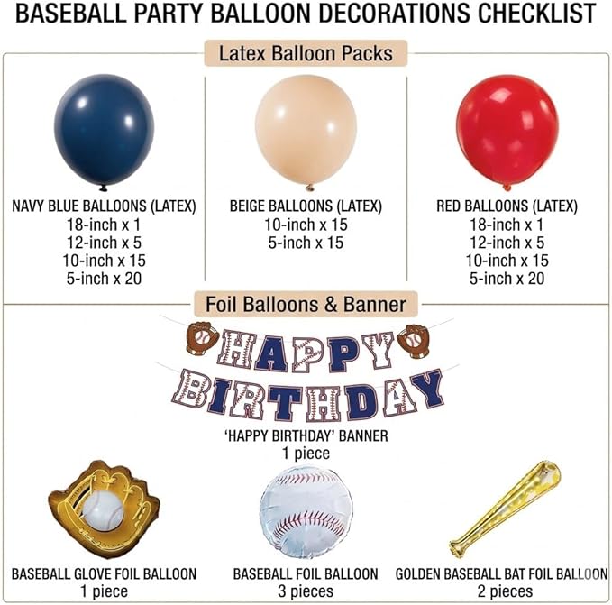 Baseball Birthday Party Decorations Navy Blue Red Nude Balloon Arch With Baseball Bat & Glove Balloons and Happy Birthday Banner For Sports Rookie year 1st birthday Baby Shower Supplies Decoration
