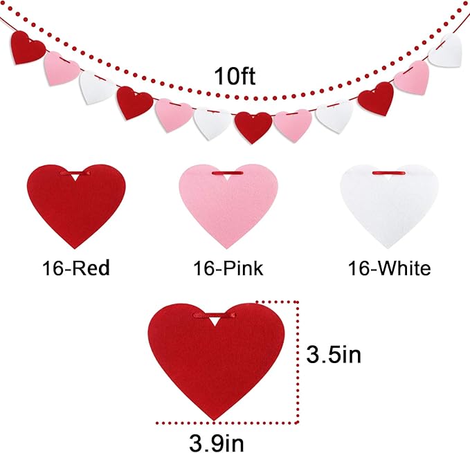 Felt Heart Garland Banner, Pre-Strung | Valentines Decorations | Red Pink White Valentines Banner | Anniversary Wedding Birthday Party Decorations | Outdoor Home Hanging Valentine's Day Decor