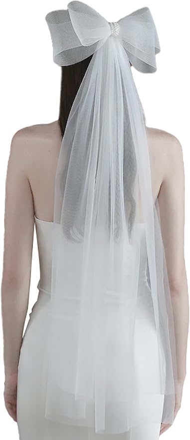 Bridal Veil Bachelorette Party Veil White Bow Wedding Veil Elegant Tulle Layer Hair Clip for Women and Girls