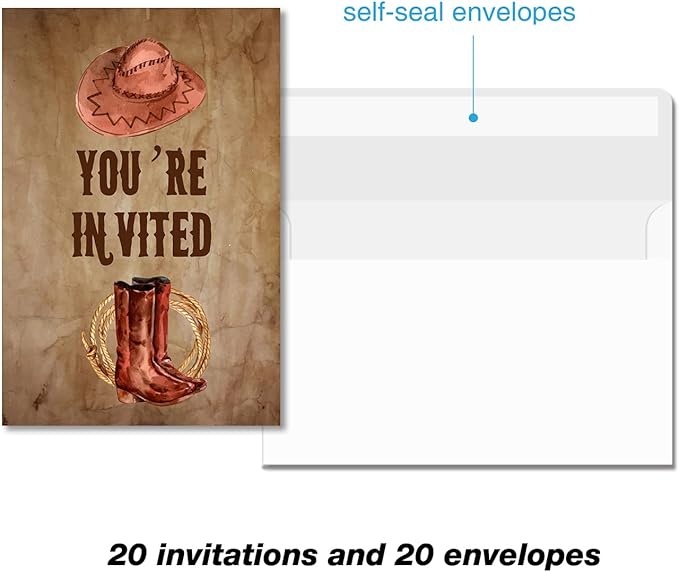 Soiceu Retro Counrty Western Birthday Party Invitations with Envelopes Set of 20 Wild West Cowboy Birthday Party Invites for Men