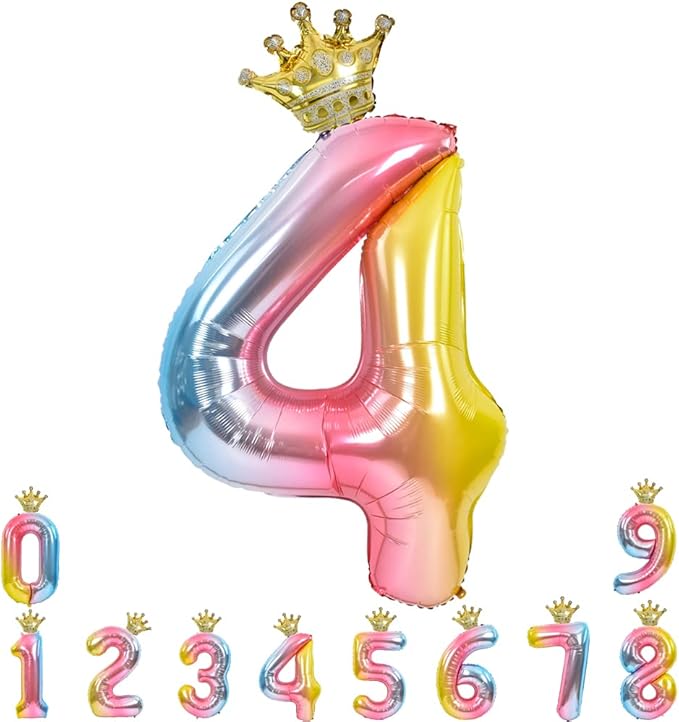 TONIFUL 40 Inch Rainbow Gradient Number 4 Balloon with Detachable Crown Foil Mylar Big Digital Four Colorful Balloon for Birthday Party,Wedding,Bridal Shower,Engagement Photo Shoot, Anniversary Decor