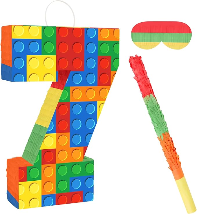 Number 7 Pinata Building Blocks with Pinata Stick Blindfold 7th Birthday Party Decorations Happy Birthday Building Block Theme Anniversary Party Supplies for Kids (Small, 16 x 10.6 x 3 in)