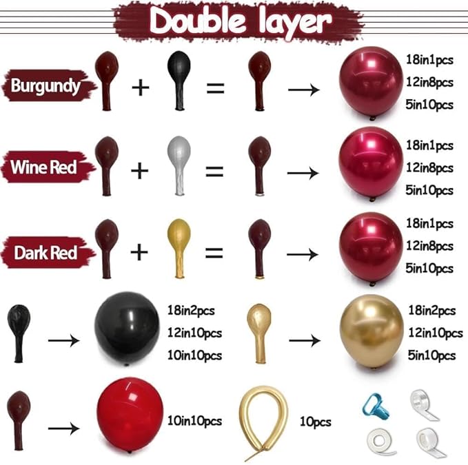 Burgundy Black Balloon Arch Double Stuffed Dark Ruby Red Gold Maroon Black Balloon Garland Kit for Birthday Valentine Day Wedding Bridal Shower Engagement Cherry Anniversary Party Decor