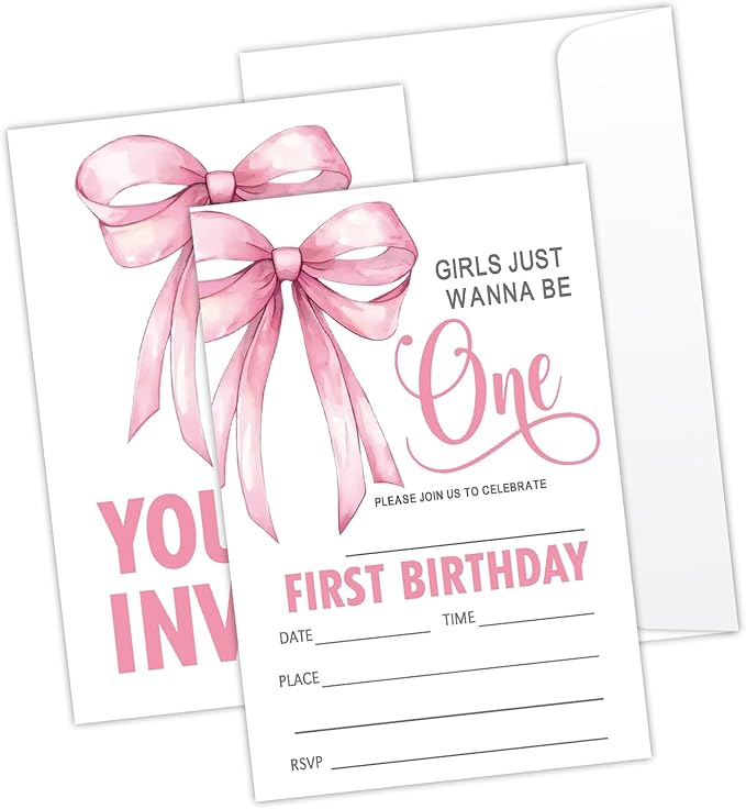 Pink Bow First Birthday Invites Cards Party Invitation Cards for Girls Kids Adults Party Invitations 4x6 Inch Invitations with Envelopes 20 Pcs Double Sided Invitation Card for Girls 1st Birthday YT83