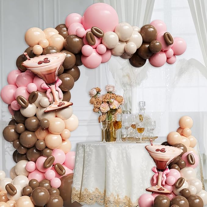 138Pcs Espresso Martini Balloon Garland Kit, Pink Brown Balloons Arch with Martini Foil Balloon for A Tini Bit Older Girls Women Birthday Bachelorette Bridal Shower Party Decorations