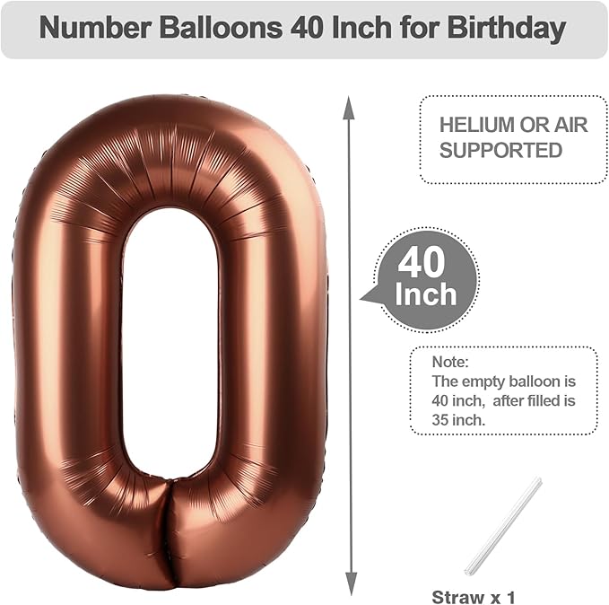 40 Inch Number Balloons, Coffee Brown Balloons for Birthday Party Decoration, Foil Number 0 Ballon for 0, 10, 20, 100, 2026 Celebration, Birthday, Baby Shower, Anniversary Decor