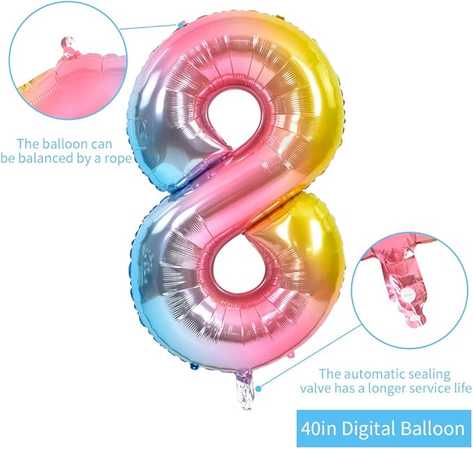 TONIFUL 40 Inch Rainbow Large Numbers Balloons 0-9, Number 8 Digital 8 Helium Balloons, Foil Mylar Big Number Balloons for Birthday Party Anniversary Supplies Decorations