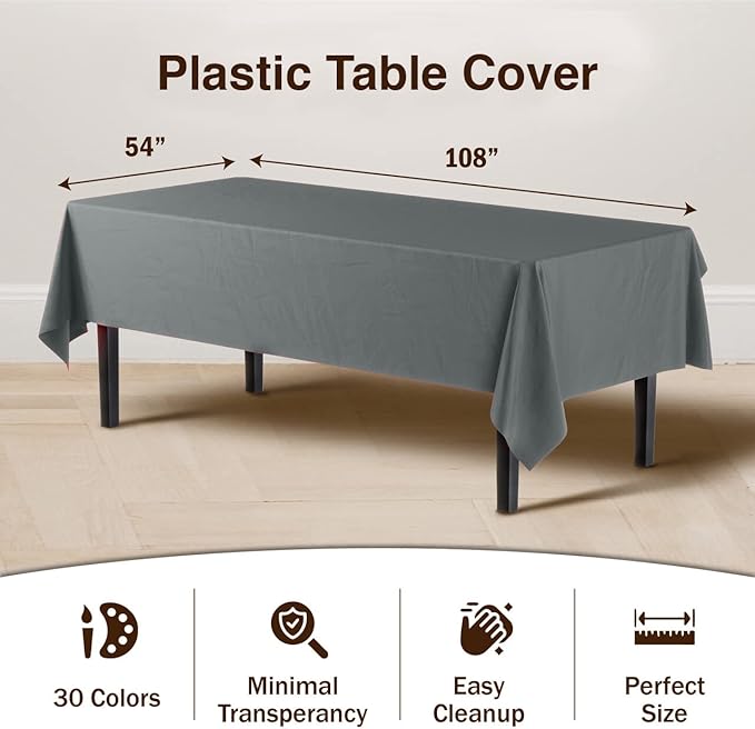 Exquisite Party Solids 6-Pack Premium Plastic Tablecloth 54in. x 108in. Rectangle Plastic Table Cover - Silver