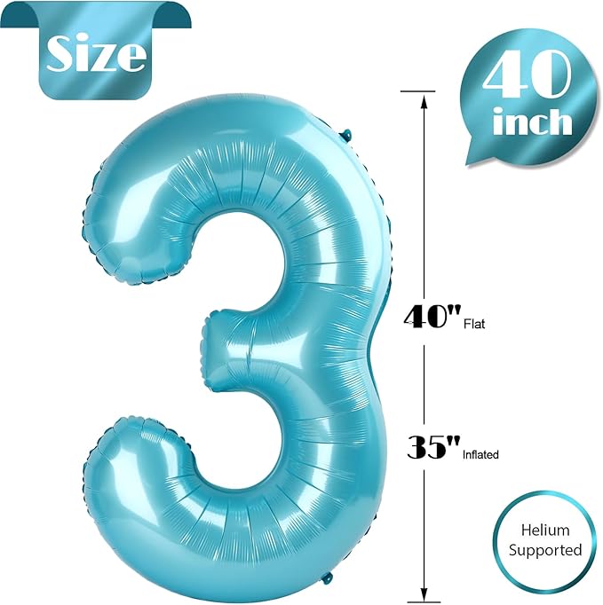 Pearlescent Blue 3 Balloon, Number Balloons 40 Inch, 3rd Birthday Decorations for Kids Girls Boys, Men Women Party Supplies for Party Decorations, Number 3 Balloon