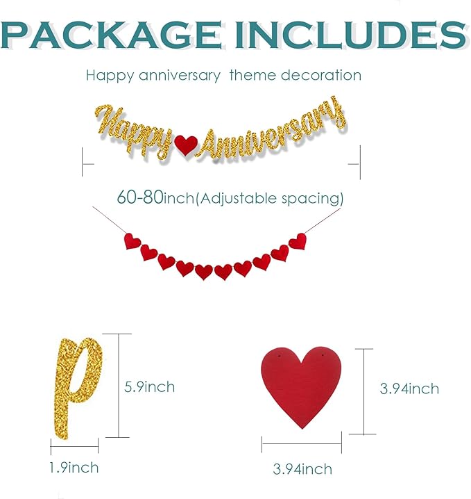 Happy Anniversary Banner, Red Heart Banner - Anniversary Decorations, Red and Gold