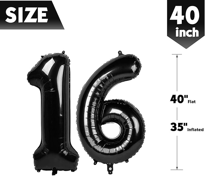 40 Inch Black Number 16 Balloon, Giant Number 16 Balloons for 16th Birthday Decorations, Party Supplies for Baby Boy Girl, Black Party Decor