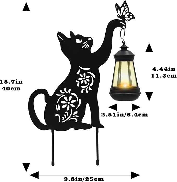 Black Cat Solar Light Outdoor Garden Decor - Metal Cat Holding Lantern Stake, Waterproof Solar-Powered Pathway Light for Yard Pathway Lawn Patio - Unique Gift for Halloween Christmas Garden Decor