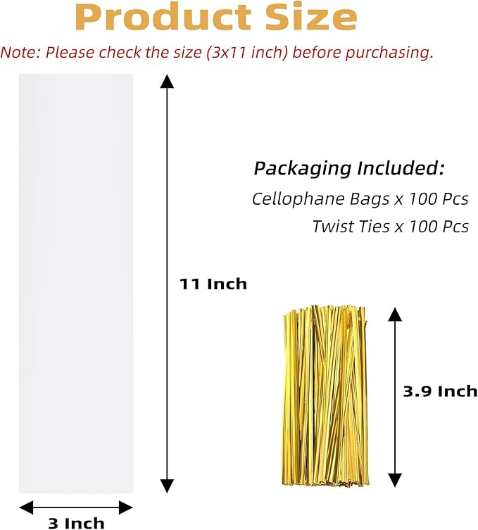Yotelab Clear Bags With Twist Ties,100 PCS 3 x11 Inches Cellophane Treat Bags