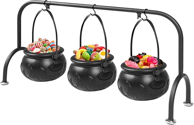 Easter Decorations Indoor,Set of 3 Witches Cauldron Candy Serving Bowls on Rack, Party Decorations,Black Plastic Candy Cauldron for Table Decor,Easter Candy for Kids