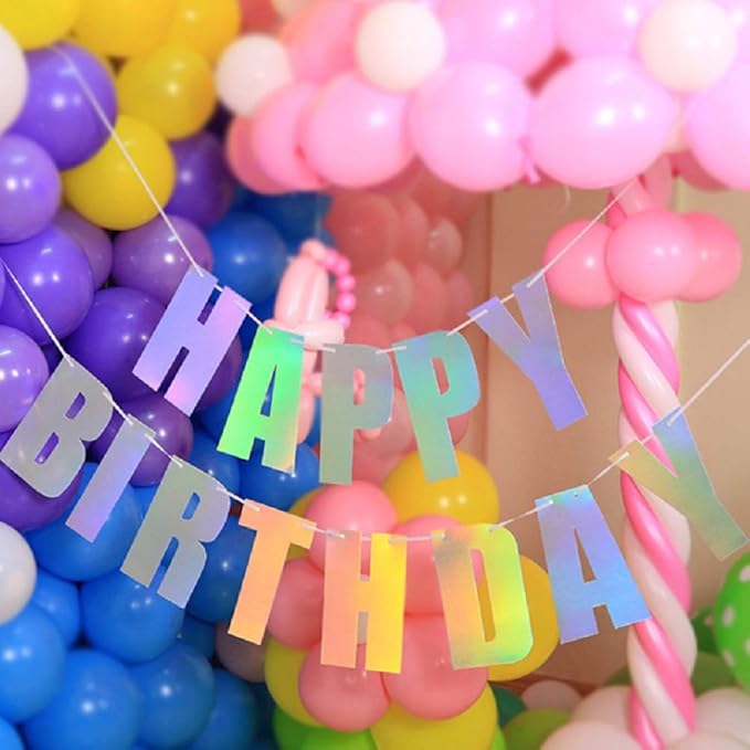 Pre-Strung Happy Birthday Sign - NO DIY - Holographic Hanging Banner Iridescent White Bunting String Flag Garland for Party Decorations (Holographic)