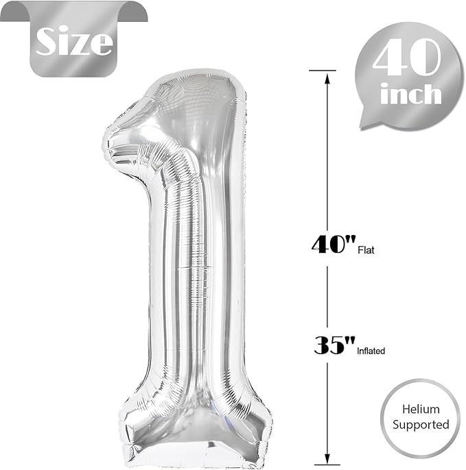 40 Inch Silver 1 Balloon for First Birthday, 1st Number Balloons Birthday Decorations for Girl Boy Kids Toddler Baby, One Giant Number 1 Balloon