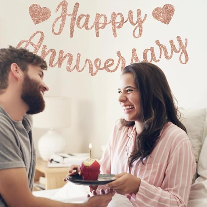 BEISHIDA Rose Gold Happy Anniversary Banner, Pre-Strung - Rose Gold Glitter Happy Anniversary Banner，NO DIY - Rose Gold Glitter Happy Anniversary Garland, Rose Gold Happy Anniversary Sign for Anniversary Wedding Party Decorations & Decor