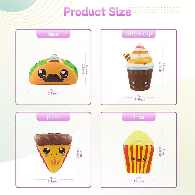 4 Pcs Slow Rising Food Toys for Kids, Kawaii Foam Squishy Toys in Taco Hamburger Coffee Cup Pizza Stress Relief Squeeze Toy for Holiday Carnival Goodie Bag Stuffers