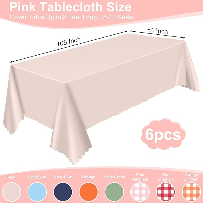6 Pack Plastic Light Pink Tablecloths, 54 X 108Inch Baby Shower Tablecloth Scalloped Mother's Day Table Cloth for Rectangle Tables Disposable Table Cover for Easter Bridal Shower Tea Party Wedding