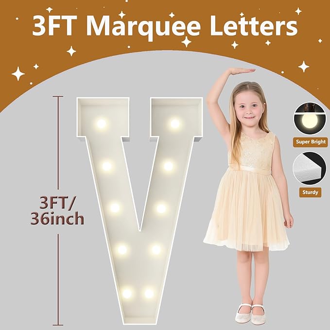 3FT Marquee Light Up Letters, Large Marquee Letters, Pre-cut Foam Board Letter V for Engagement Wedding Decorations Birthday Party Backdrop Decor, Balloon Arch Kit