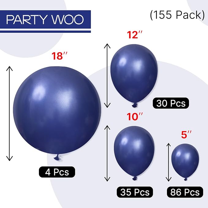 PartyWoo Navy Blue Balloons 155pcs Different Sizes of 18 12 10 5 Inch Dark Blue Balloon Arch Kit Garland for Graduation Wedding Sports Baby Shower Birthday Bachelorette Party Decorations Blue-Z90