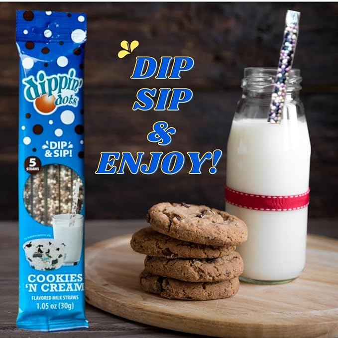 Dippin’ Dots Magically Flavored Milk Straws, Cotton Candy, Cookies 'n Cream, and Banana Split, 6-Pack Party Bundle (30 Count) | Fun Magic Straws for Kids, Drinks & Cereal | | Sweet Party Treats & Favors