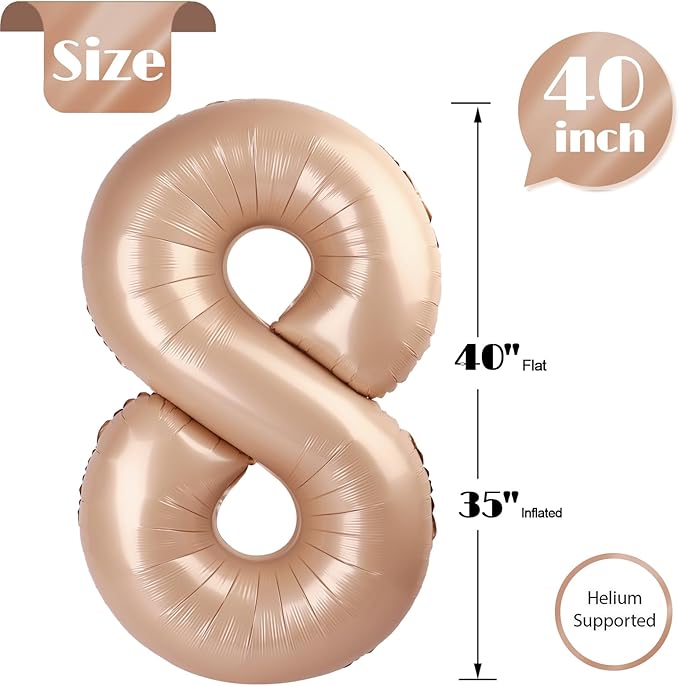Light Brown Number 8 Balloon 40 Inch, 8 Balloon Number, 8th Birthday Decorations, Light Brown Party Supplies for Boys Girls