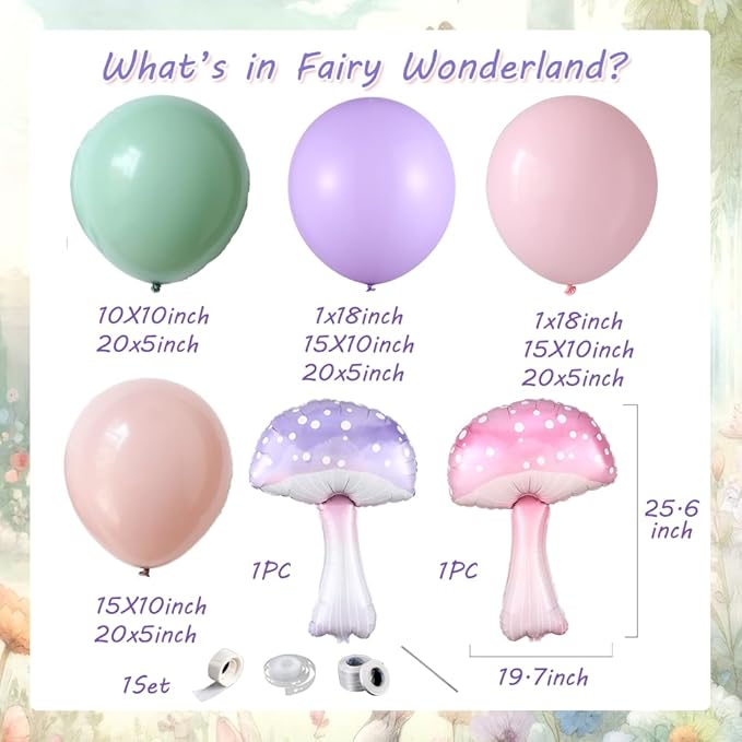 143Pcs Fairy Wonderland Balloon Arch Garland Kit, Pastel Pink Purple Dusty Green Latex Balloons with Mushroom Foil Balloons for Girls Fairytale Birthday Spring Baby Shower Garden Tea Party Decorations