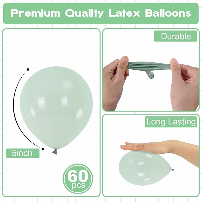 Pale Dusty Green Balloons 5inch Small Olive Sage Green Balloon 60pcs Mini Round Retro Haze Fog Latex Balloons for Arch Garland Light Green Balloon for Birthday Party Decoration Jungle Safari