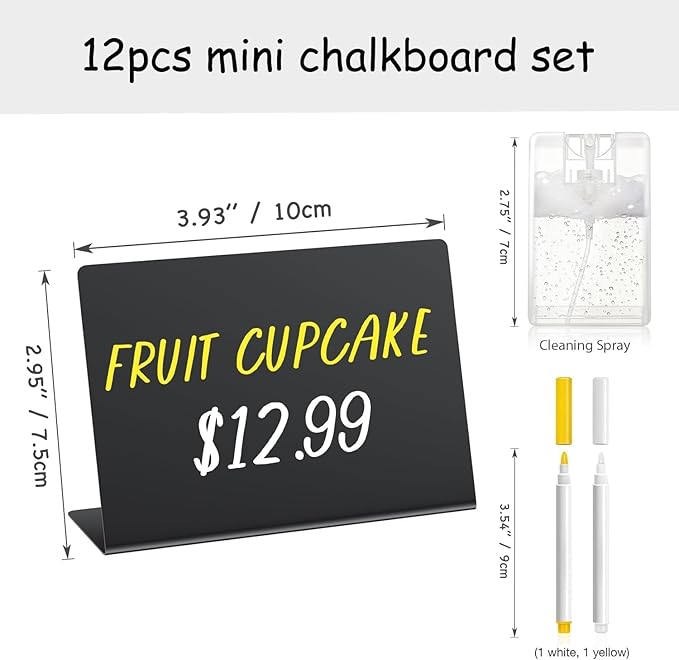 PigPotParty 12 Pcs Food Labels for Party Buffet, 4"x3" Mini Chalkboard Signs for Food Display, Table Place Cards - Name Tags- Small Chalk Board Signs, w/Cleaning Spray & 2 Markers