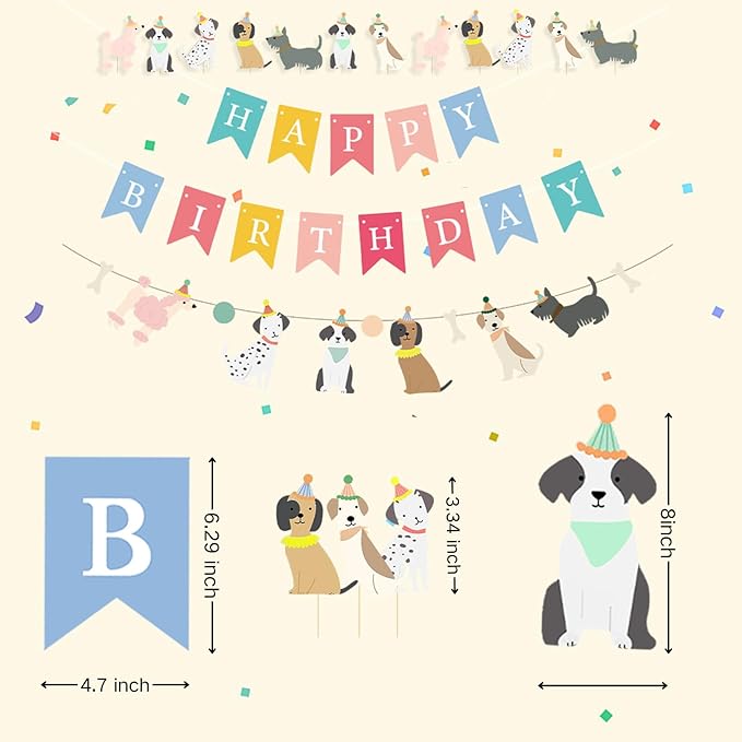 Dog Themed Happy Birthday Banner 12PCS Pet Dog Cupcake Toppers Baby Shower Party Supplies (Banner+Cupcake Toppers)