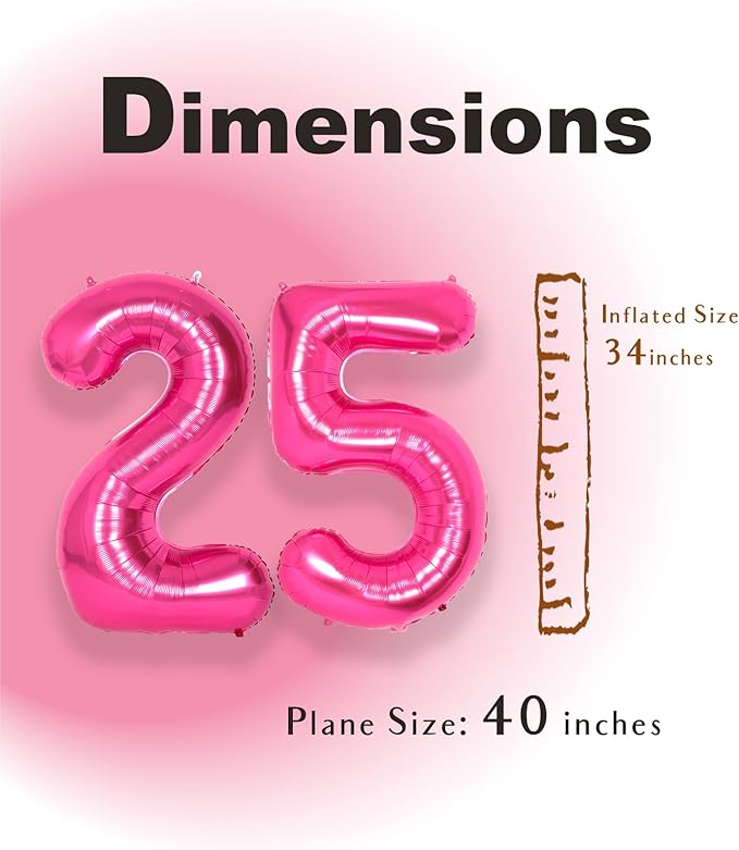 SUWEN 40 Inch Large Hot Pink 25 Balloon Numbers Big Foil Helium Number Balloons 0-9 Jumbo Happy 25th Mylar Birthday Party Decorations for Women 52 Anniversary Party Supplies
