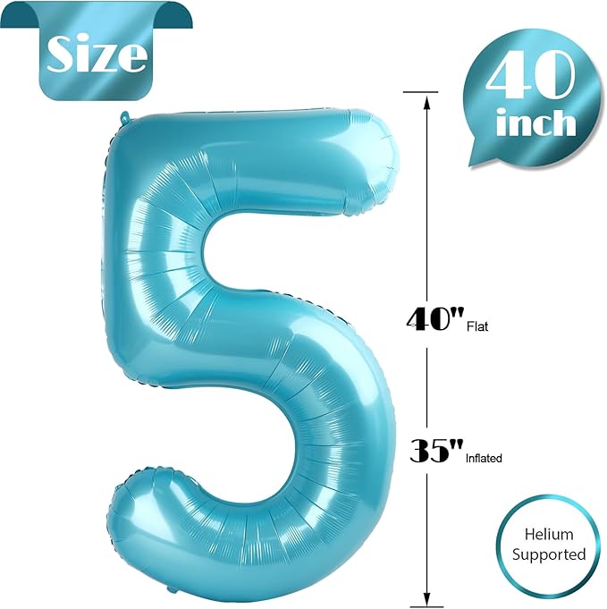 Pearlescent Blue Number 5 Balloon 40 Inch, 5 Balloon Number, 5th Birthday Decorations, Pearlescent Blue Party Supplies for Boys Girls