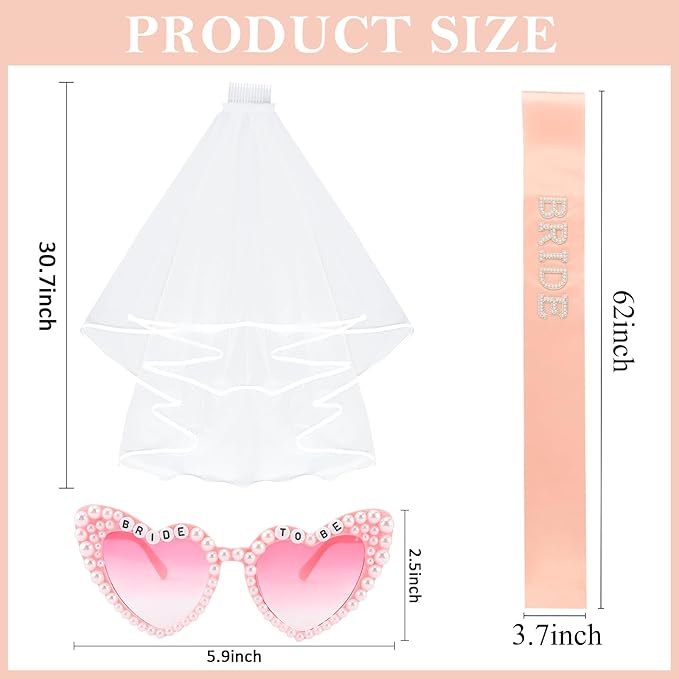 Bride to Be Set: Pearl-Trimmed Heart Sunglasses, Pearl BRIDE Sash & Tulle Veil - Bachelorette Party Bridal Accessories