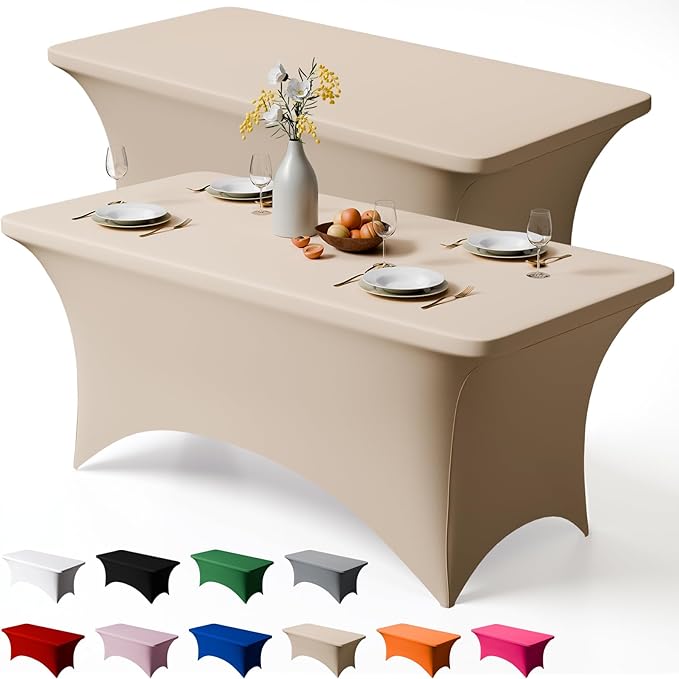 Trlyc 2 Pack 8FT Spandex Table Cloth - 96 x 30 Inch Rectangular Stretch Tablecloth, Wrinkle Resistant Scretch Table Cover for Wedding, Party, Banquet, Picnic, Outdoor Decoration (2Pcs,Champagne)